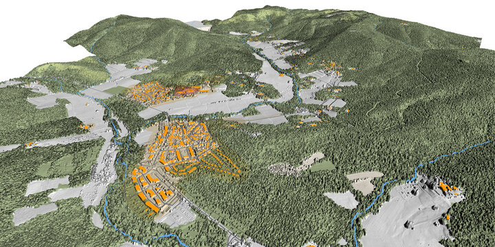 Concept de fond géographique - Données lidar HD - Vue aérienne de la topographie et occupation du sol d'un territoire - Rendu 3d modèle numérique de terrain et nuage de points Lidar HD