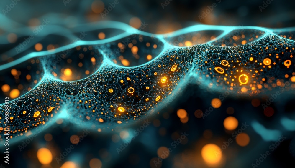 Poster abstract digital art concept with shimmering lines and glowing yellow flecks in flowing waves