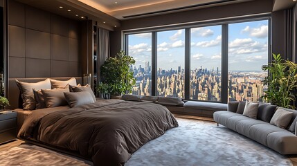Minimalist brown bedroom featuring soft bedding, accent pillows, soft carpet, industrial-style marble wood flooring, large city-view window, and cozy grey seating