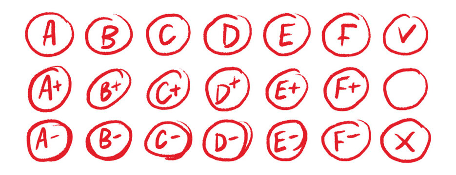 Hand drawn school grade circles red marks set educational design