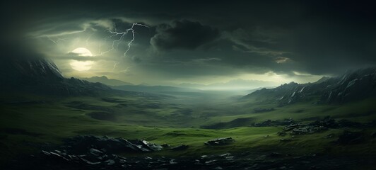 A haunted gothic grass field perched on a wind-swept hill,ai generative