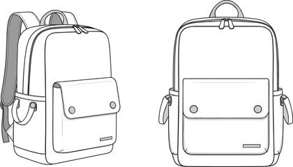 Modern school backpack vector illustration with front pocket and side view, ideal for e-commerce, product mockup, design template, branding