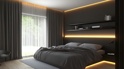 Minimalist modern bedroom with an open layout, soft gray curtains, LED-lit shelf wall, and matte black decor accents
