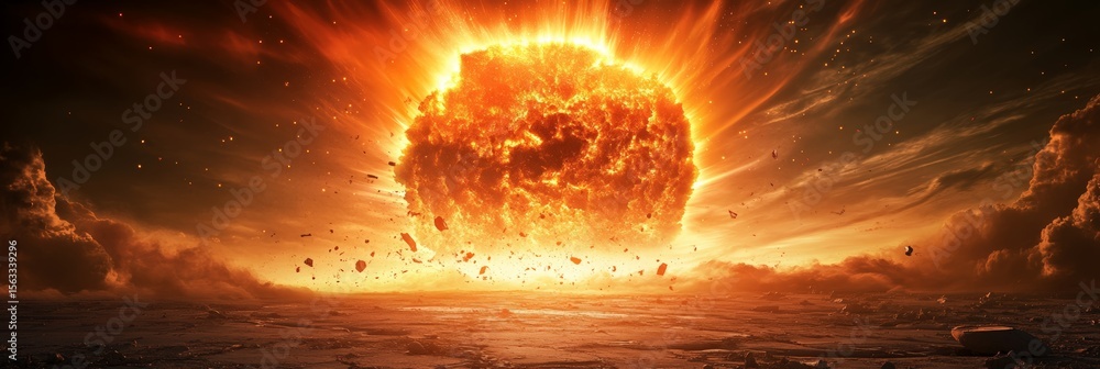 Poster Asteroid exploding over an orange planet surface, sending debris and dust into the atmosphere, creating a dramatic and cinematic scene of cosmic destruction and power