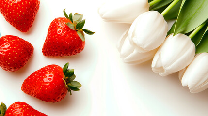 Several beautiful white tulips green leaves and fresh red strawberries elegantly arranged on white background with space for text.