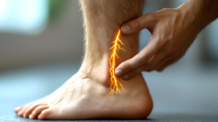 man's left ankle injured fractured and inflamed bone joint accompanied orange lens flare visible toes near foot area.