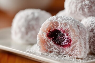 mochi being sliced showing red bean filling 