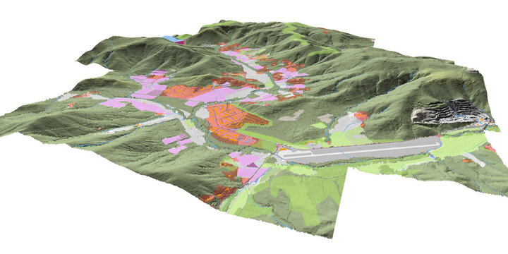 Concept de fond géographique - Données lidar HD - Vue aérienne de la topographie et occupation du sol d'un territoire - Rendu 3d modèle numérique de terrain et nuage de points Lidar HD