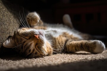 Cat sleeping belly-up on couch 