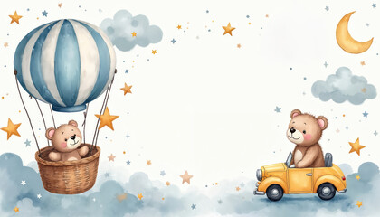 Watercolor baby shower invitation illustration with teddy bear in hot air balloon. Teddy bear drives car. Soft pastel colors with moon stars clouds. Nursery decor card design for newborn announcement.