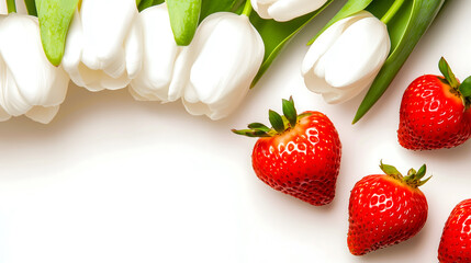 Several elegant white tulips fresh red strawberries beautifully arranged white background with copy space text placement.