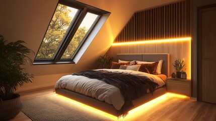 Modern attic bedroom with slanted roof windows, light wood floor, and cozy ambient light strip behind the headboard