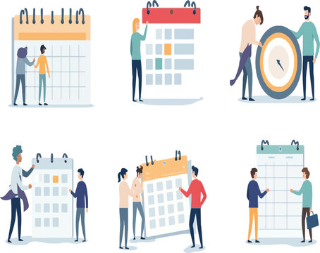 Creative appointment scheduling people marking dates and deadlines on calendars and clocks, ideal for business meetings and teamwork related projects for corporate use