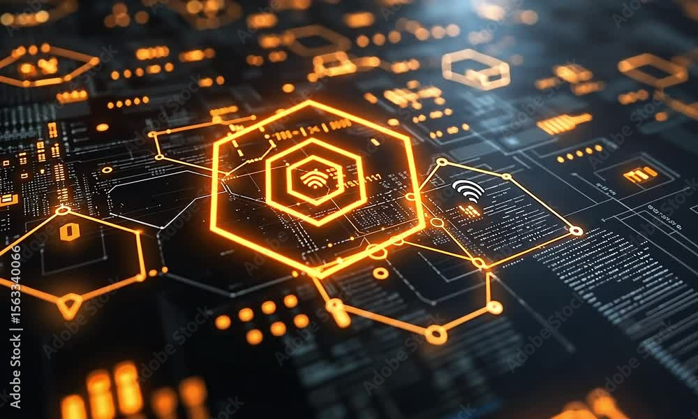 Poster abstract digital circuit board with glowing orange patterns