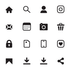 Sixteen Black and White Glyph Style Icons Set Home Search Profile Instagram Email Calendar Camera Trash Lock File Document Heart Bookmark Download Share