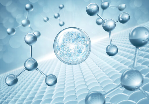Blue molecules in bubbles, floating on skin cells, background of cosmetic products 3d rendering.