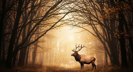 Majestic bull elk stands proudly in a misty sunlit forest during autumn