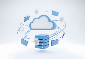 Cloud Data Integration: A 3D illustration depicts the seamless exchange of data, represented by documents and folders, flowing between a cloud and a server, embodying connectivity and the digital age.