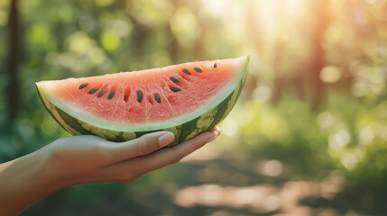 Close up of hand holding thick slice of watermelon with seeds, soft outdoor lighting, space for text.