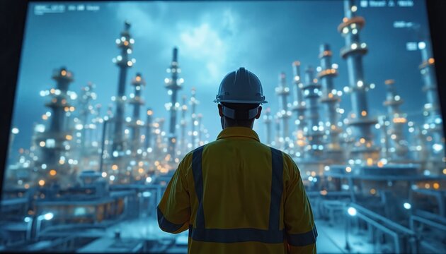 Industrial safety operator in hard hat monitors chemical plant. Man works with digital twin system, conducts virtual risk assessments, ensuring process control. Refinery, oil, gas industry, modern