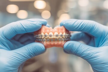 dentist holding metal braces