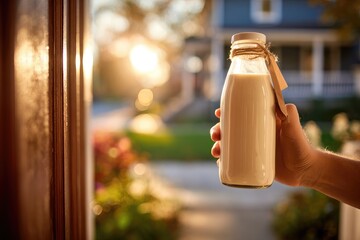 Close-up of hand delivering milk bottle to doorstep