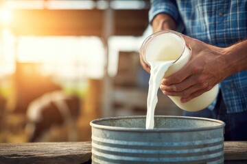Milkman pouring fresh milk into a steel container