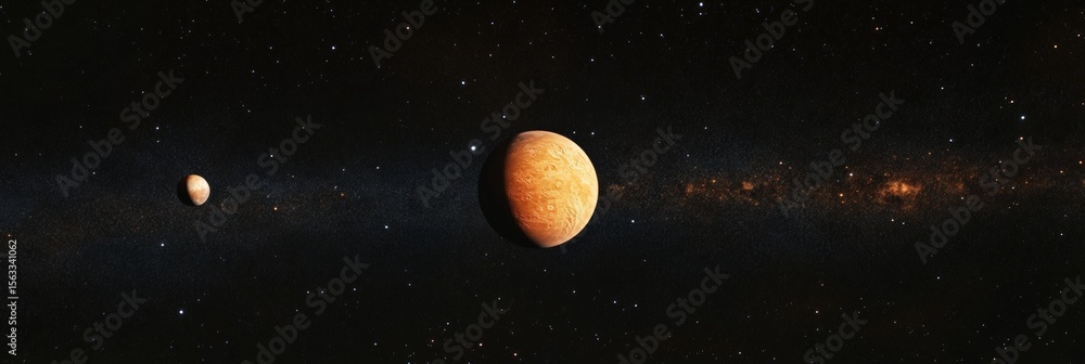 Poster planet orbiting a star with its moon, surrounded by a multitude of bright stars in the darkness of t
