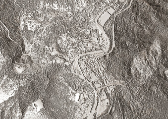 Concept de fond géographique - Données lidar HD - Vue aérienne de la topographie d'un territoire - Rendu 2d modèle numérique de terrain et nuage de points Lidar HD