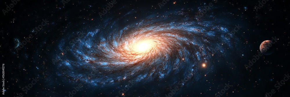 Poster planets orbiting a vibrant spiral galaxy showcase a brilliant core, surrounded by twinkling stars an