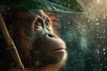 Orangutan holding a leaf like an umbrella