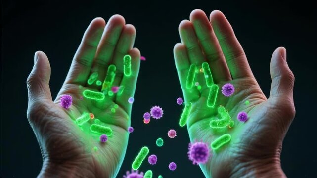 Close-up of hands covered in microscopic bacteria and viruses, a visual representation of germs, poor hygiene, and the risk of infection, emphasizing the need for disease prevention