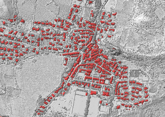 Concept de fond géographique - Données lidar HD - Vue aérienne de la topographie d'un territoire - Rendu 2d modèle numérique de terrain et nuage de points Lidar HD