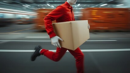 Fast-Paced Warehouse Worker Running with Package, Motion Blur