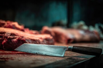 Butcher knife resting beside raw meat