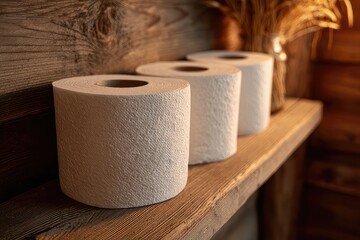 Roll of toilet paper on a rustic wooden shelf