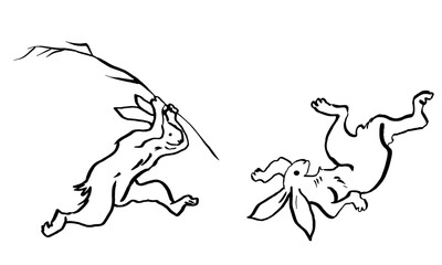 うさぎ　鳥獣戯画風　イラストセット