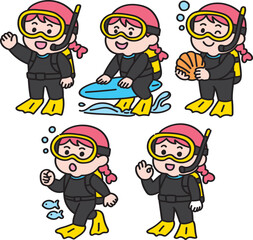 Cute Child Scuba Diving Character Set with Underwater Activities