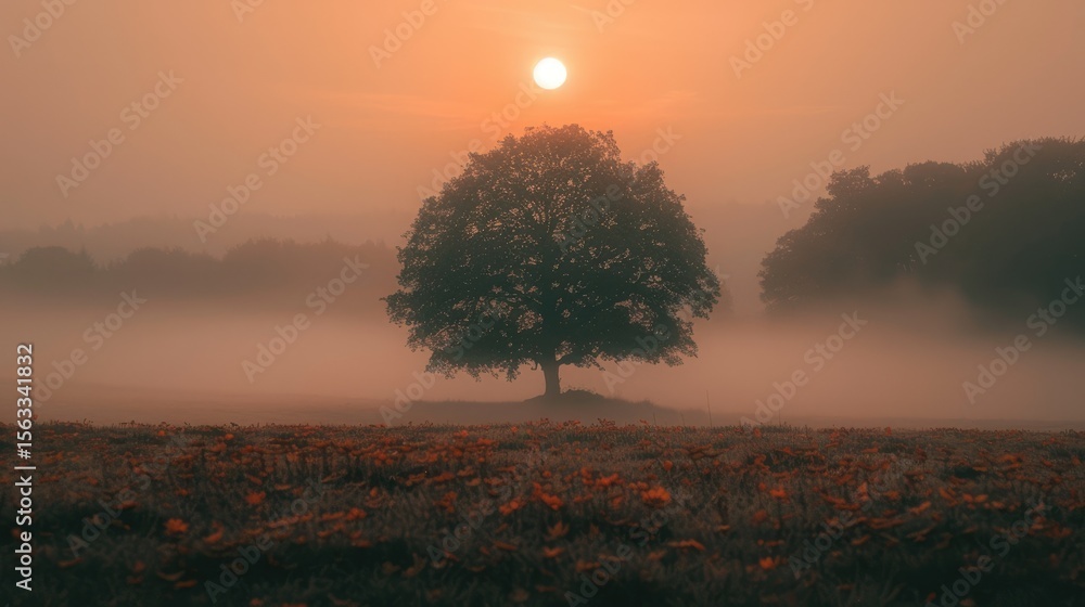 Poster sunset behind a solitary tree in a glowing field. background image of silhouette image of tree growi