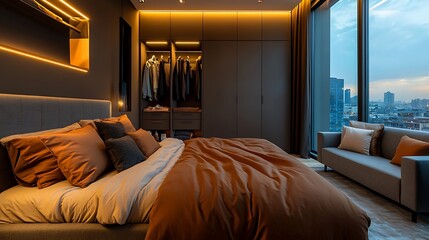 Modern cozy bedroom in shades of brown, bed positioned front-facing with crisp linens, warm lighting, urban view outside window, and modern wardrobe and designer grey sofa