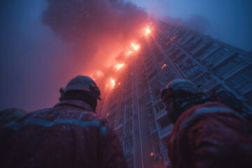 Firefighters battle blaze in multi story building during nighttime emergency response