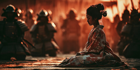 Geisha performs tea ceremony surrounded by samurai in the warm glow of sunlight