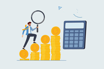 Flat illustration of businessman climbing staircase of gold coins toward calculator while holding magnifier to represent financial control and budget planning