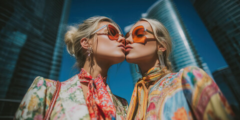 Modern girls share a kiss in fashionable outfits amidst city skyscrapers during sunny daylight