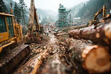 Industrial logging in a forest with machinery and lumberjacks felling old trees