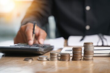 Person calculating monthly expenses with calculator 