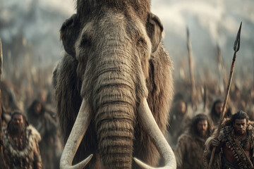 Mammoth hunt in snowy mountains with primitive tribes armed with spears