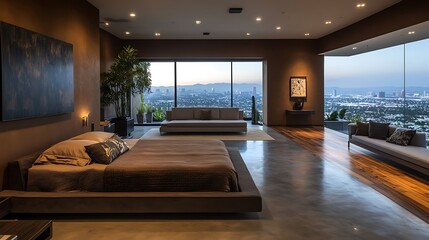 Modern interior with brown focus, open bedroom with front-facing bed, subtle grey lounge, mixed wood concrete flooring, and panoramic city view