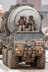 Military special forces transport nuclear missile on advanced military tractor during mission
