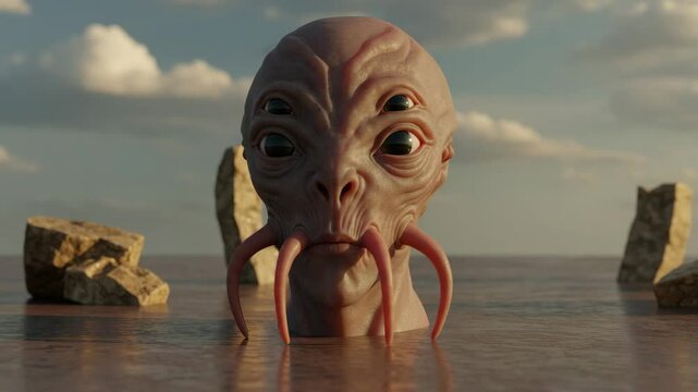 Alien creature emerging from water with rocks in serene landscape  